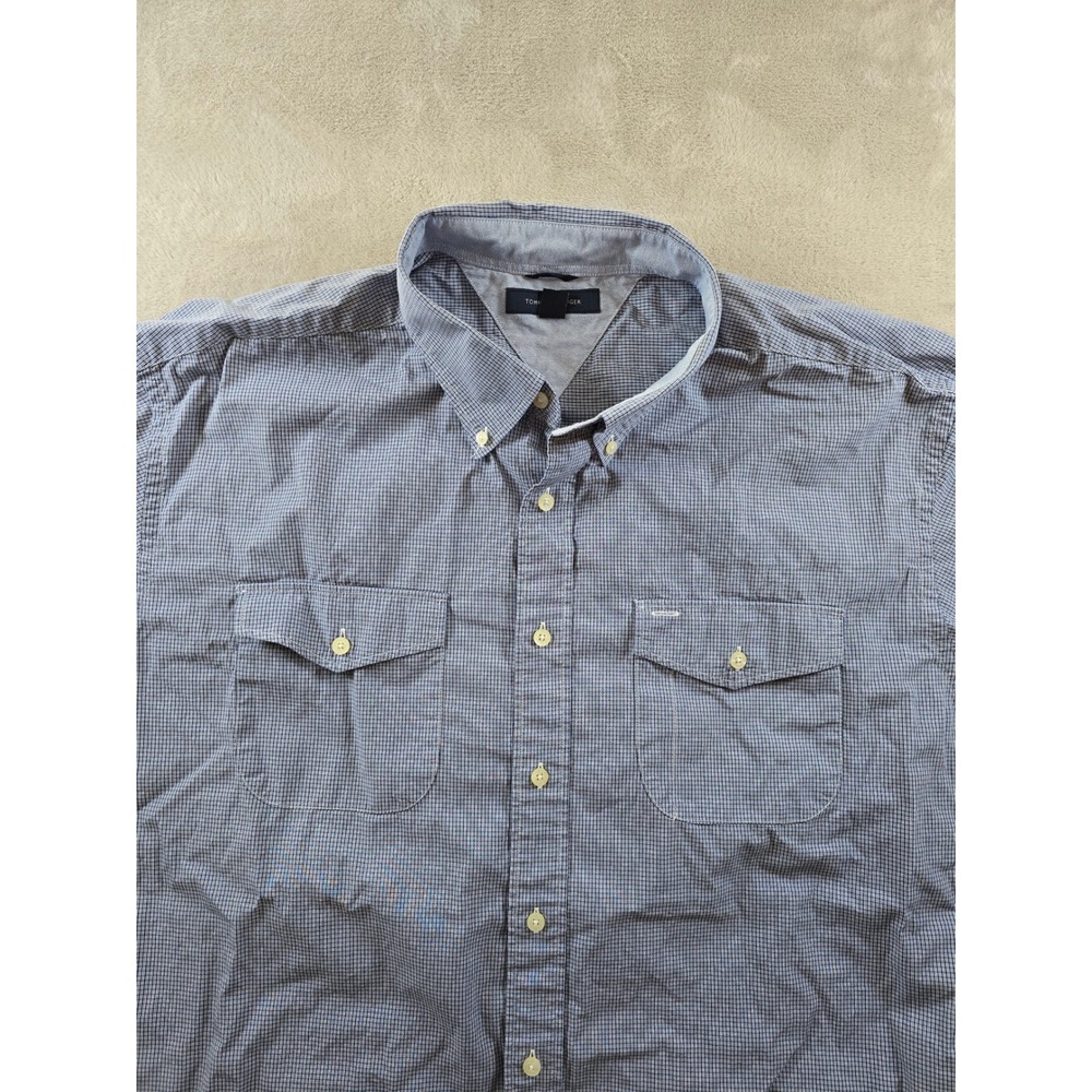 Tommy Hilfiger Shirt Mens 2XL XXL Blue Check Button Down Long Sleeve Pockets